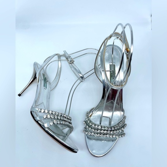 Prada Silver Leather Crystal embellished strappy heels EU 39 - Picture 1 of 13